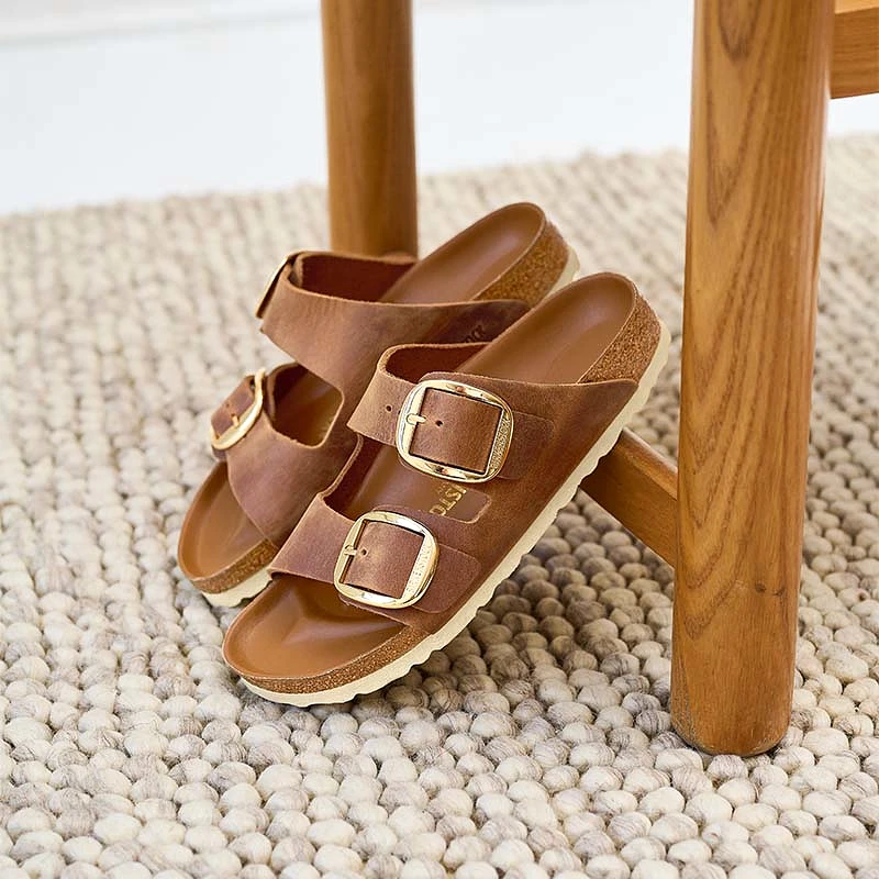 Women's Arizona Oiled Leather Big Buckle Sandals in Cognac